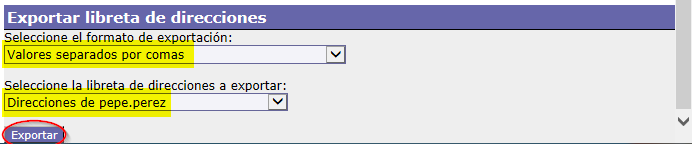 ayuda webmail export